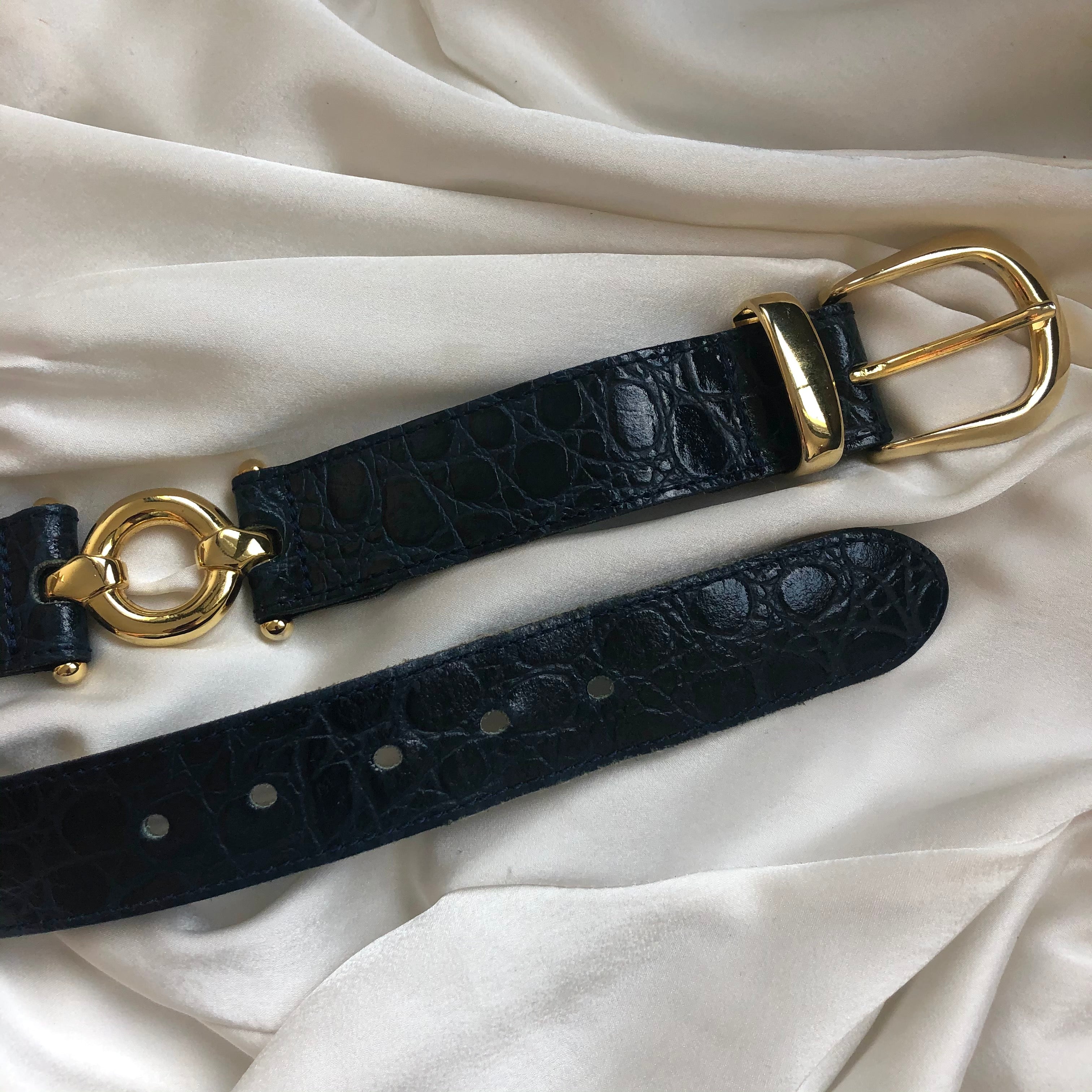 CEINTURE CROCO CUIR BLEUE MARINE