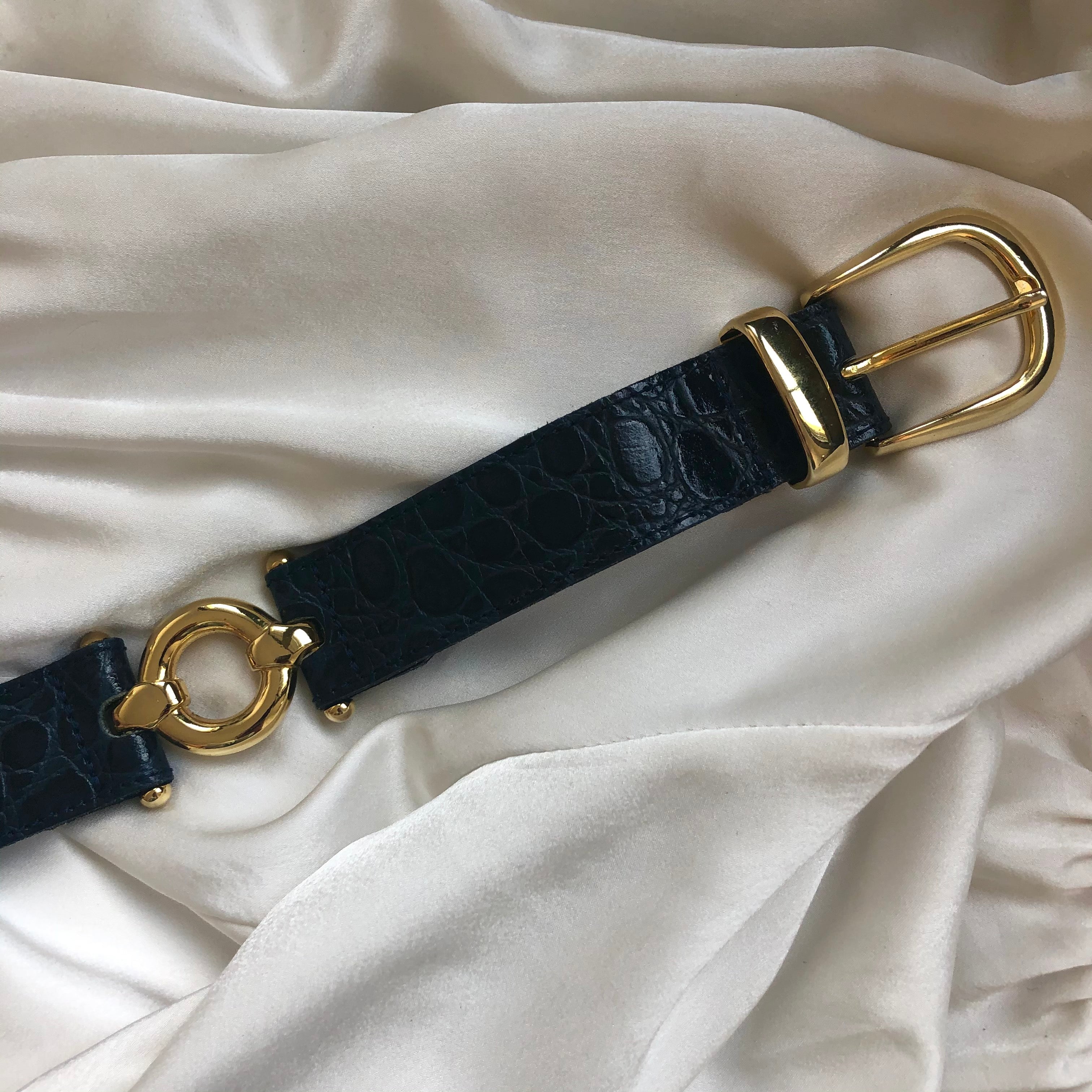 CEINTURE CROCO CUIR BLEUE MARINE